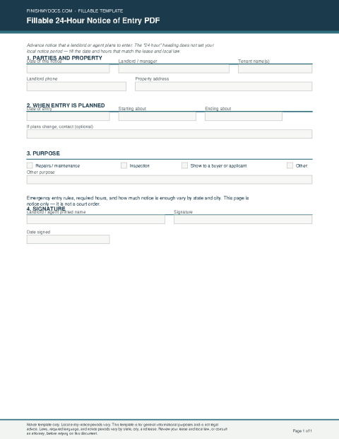 Fillable 24-Hour Notice of Entry PDF preview