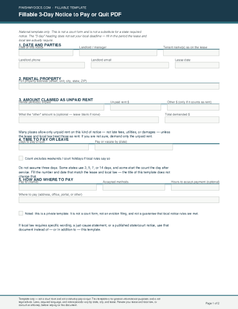 Fillable 3-Day Notice to Pay or Quit PDF preview