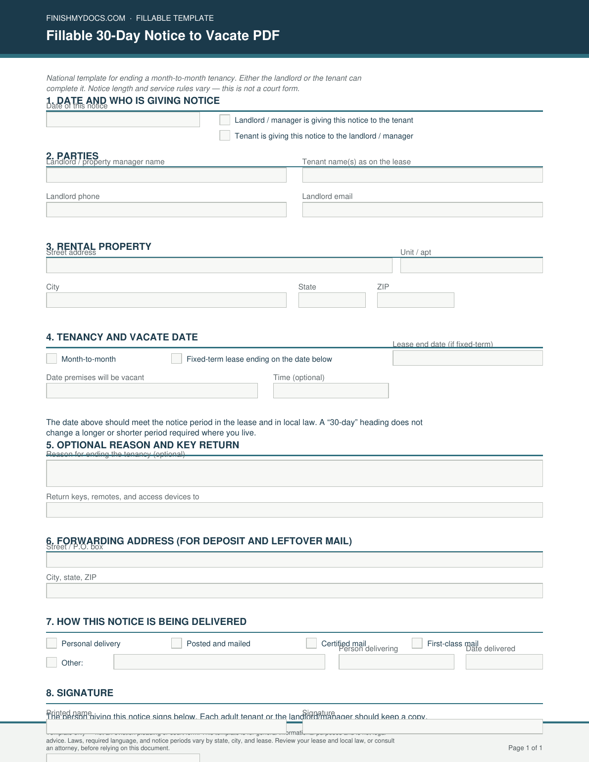 Fillable 30-Day Notice to Vacate PDF preview