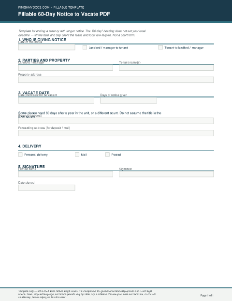 Fillable 60-Day Notice to Vacate PDF preview