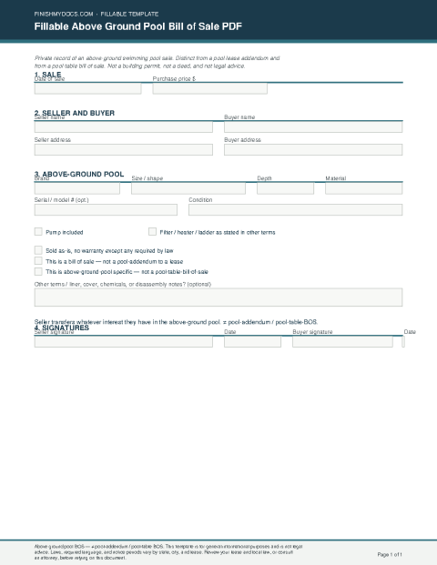 Fillable Above Ground Pool Bill of Sale PDF preview