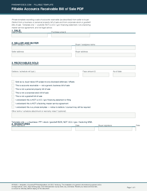 Fillable Accounts Receivable Bill of Sale PDF preview