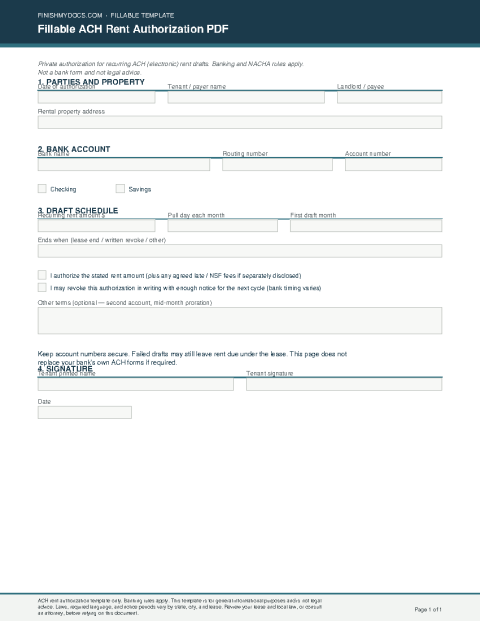 Fillable ACH Rent Authorization PDF preview