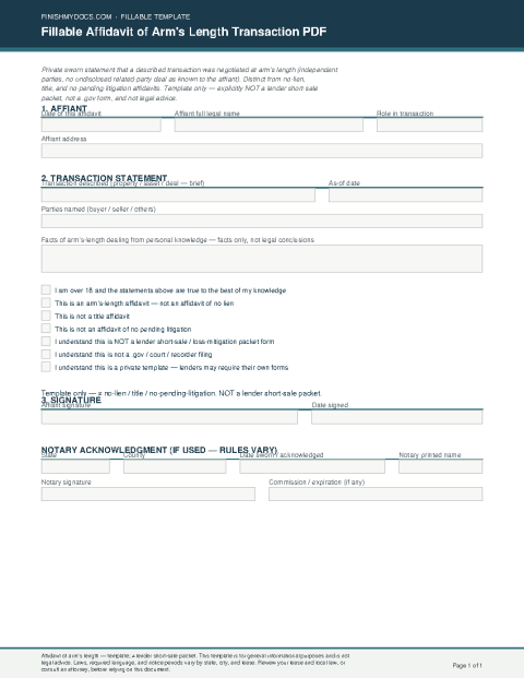 Fillable Affidavit of Arm's Length Transaction PDF preview