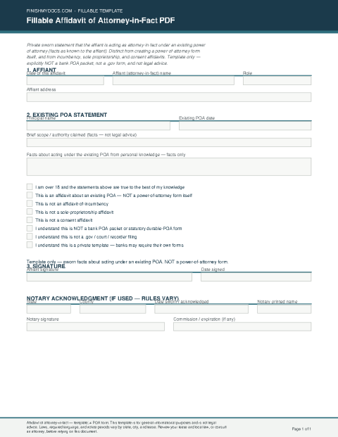 Fillable Affidavit of Attorney-in-Fact PDF preview