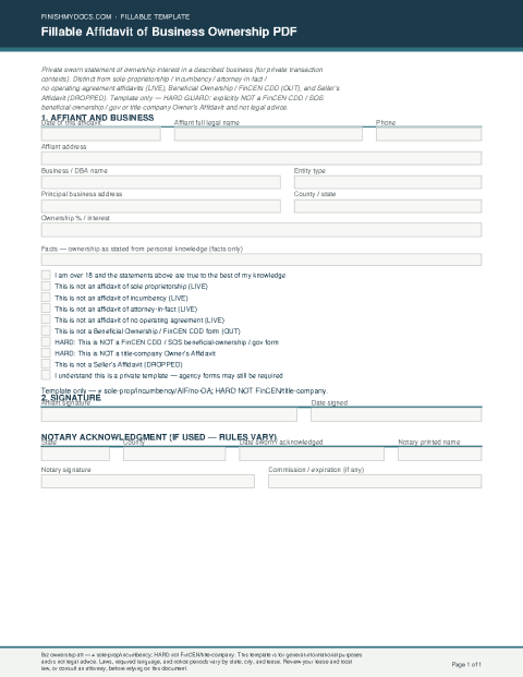 Fillable Affidavit of Business Ownership PDF preview