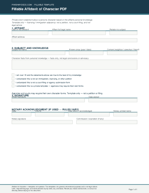 Fillable Affidavit of Character PDF preview