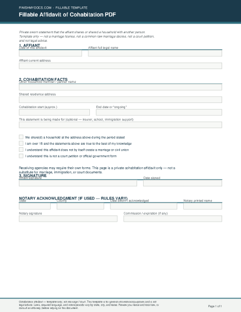Fillable Affidavit of Cohabitation PDF preview