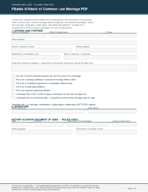 Fillable Affidavit of Common Law Marriage PDF preview