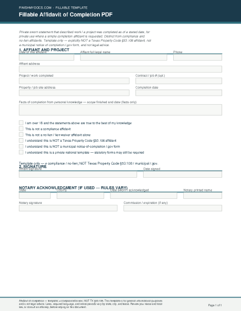 Fillable Affidavit of Completion PDF preview