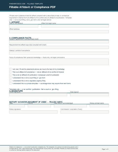 Fillable Affidavit of Compliance PDF preview