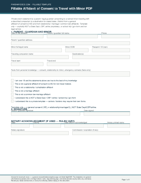 Fillable Affidavit of Consent to Travel with Minor PDF preview