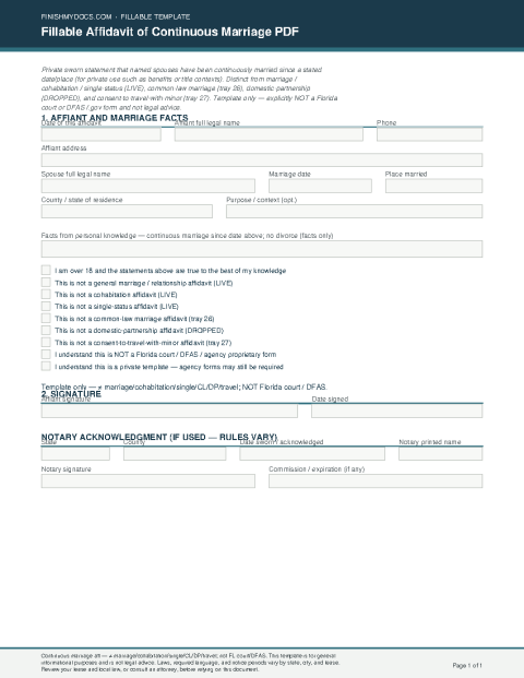 Fillable Affidavit of Continuous Marriage PDF preview