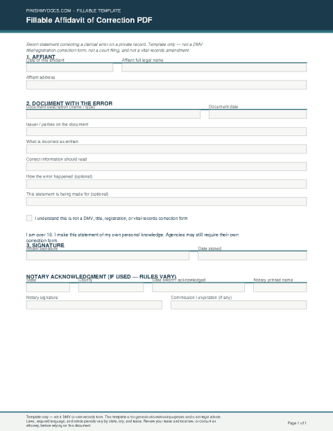 Fillable Affidavit of Correction PDF preview