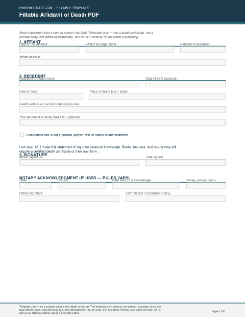 Fillable Affidavit of Death PDF preview