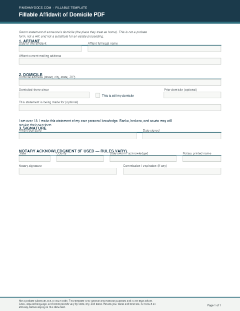 Fillable Affidavit of Domicile PDF preview