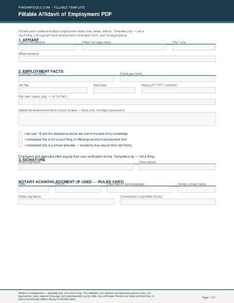 Fillable Affidavit of Employment PDF preview