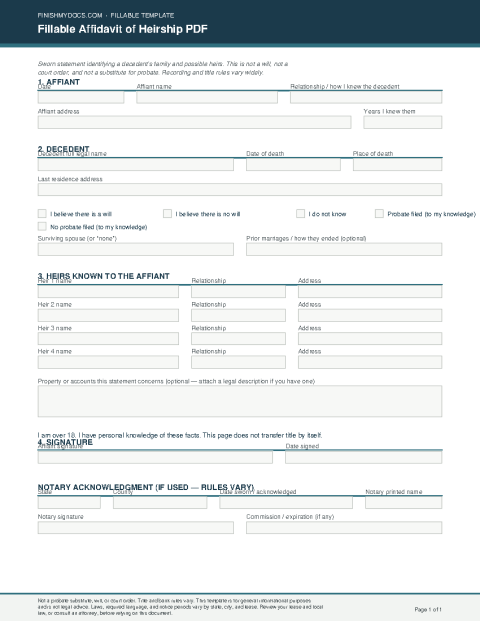Fillable Affidavit of Heirship PDF preview