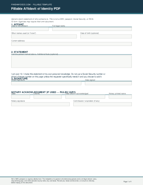 Fillable Affidavit of Identity PDF preview