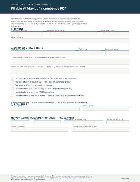 Fillable Affidavit of Incumbency PDF preview