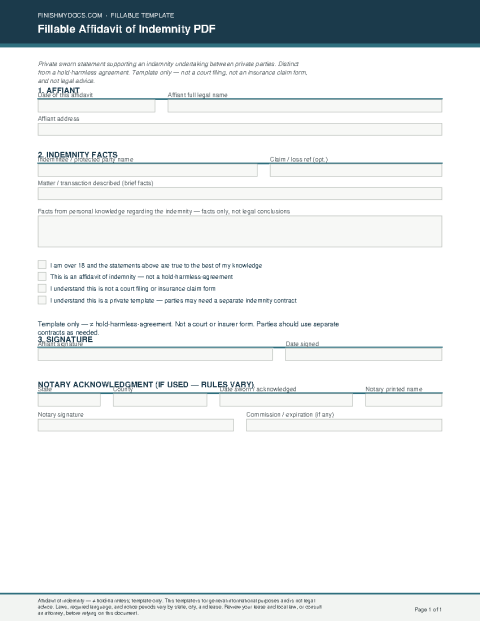 Fillable Affidavit of Indemnity PDF preview
