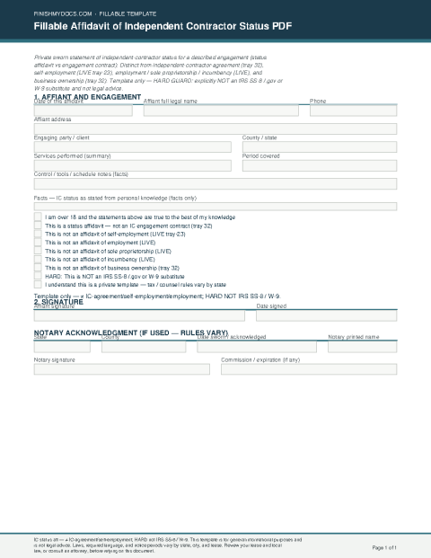 Fillable Affidavit of Independent Contractor Status PDF preview
