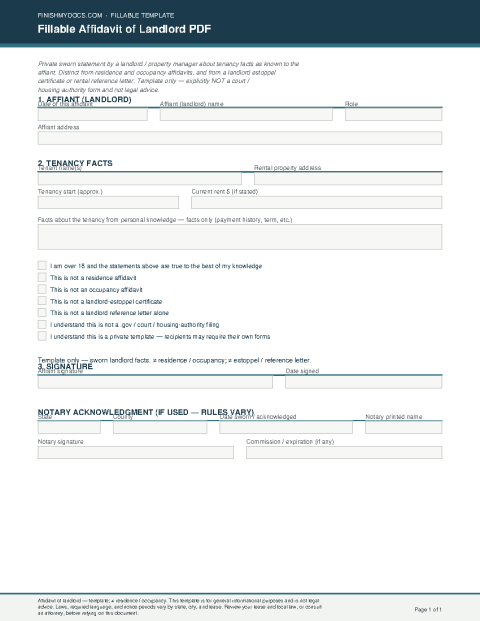 Fillable Affidavit of Landlord PDF preview