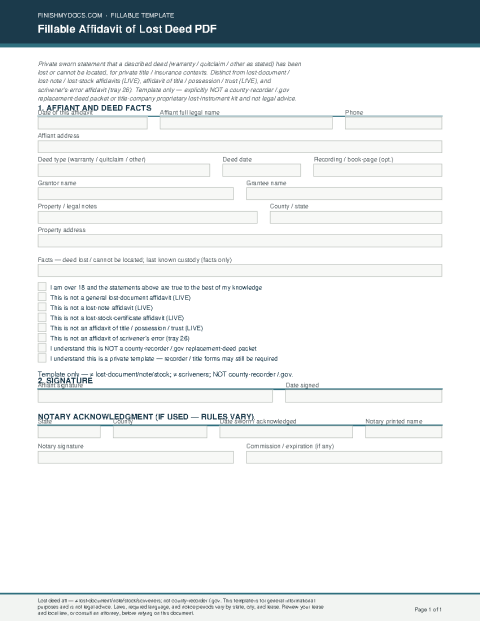 Fillable Affidavit of Lost Deed PDF preview