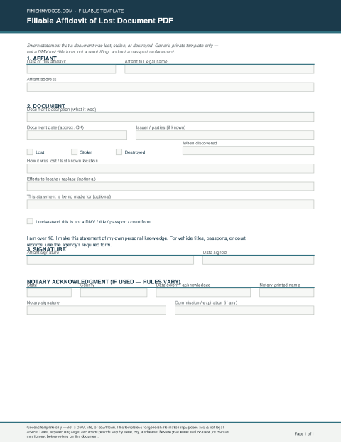 Fillable Affidavit of Lost Document PDF preview