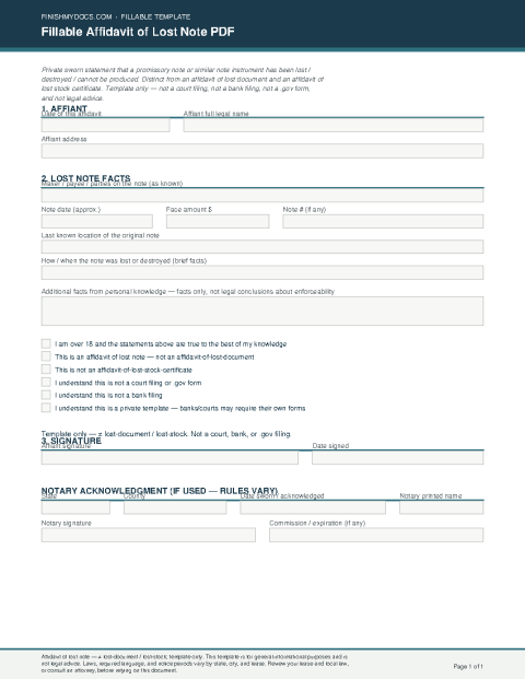 Fillable Affidavit of Lost Note PDF preview