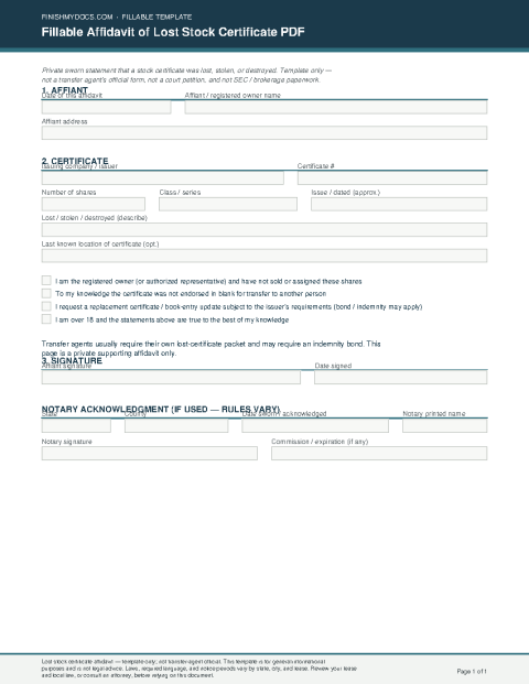Fillable Affidavit of Lost Stock Certificate PDF preview