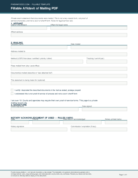 Fillable Affidavit of Mailing PDF preview