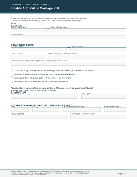 Fillable Affidavit of Marriage PDF preview