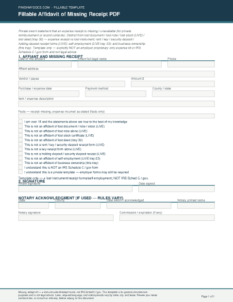 Fillable Affidavit of Missing Receipt PDF preview