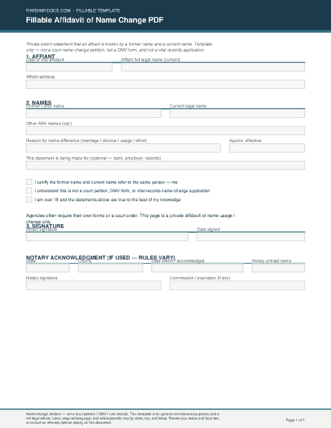Fillable Affidavit of Name Change PDF preview
