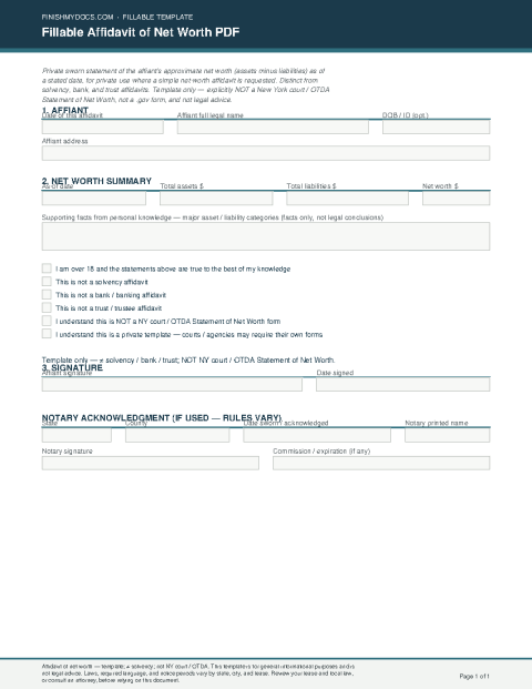Fillable Affidavit of Net Worth PDF preview