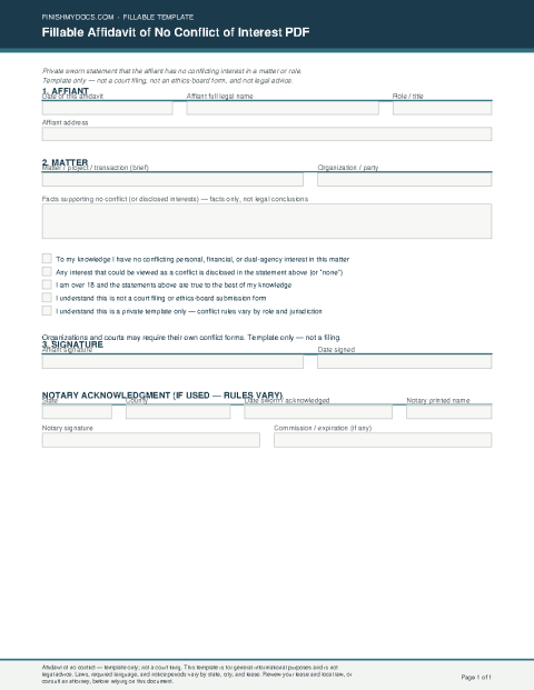 Fillable Affidavit of No Conflict of Interest PDF preview