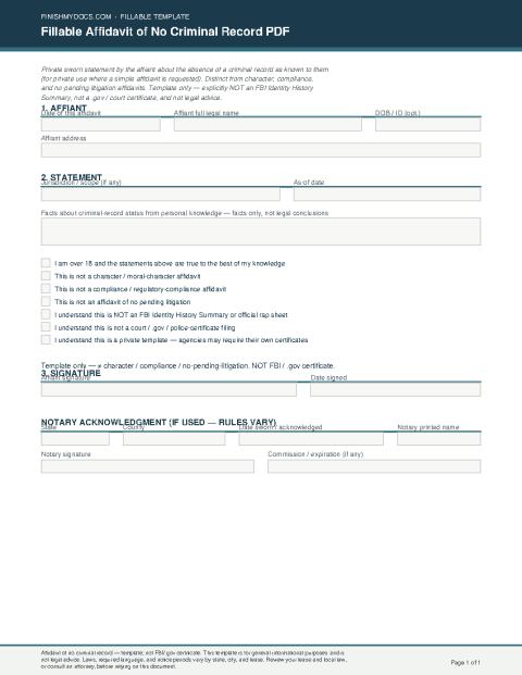 Fillable Affidavit of No Criminal Record PDF preview