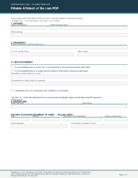 Fillable Affidavit of No Lien PDF preview
