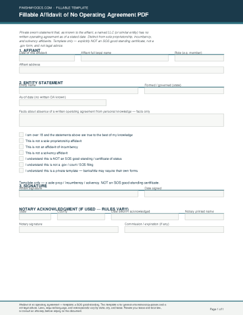 Fillable Affidavit of No Operating Agreement PDF preview