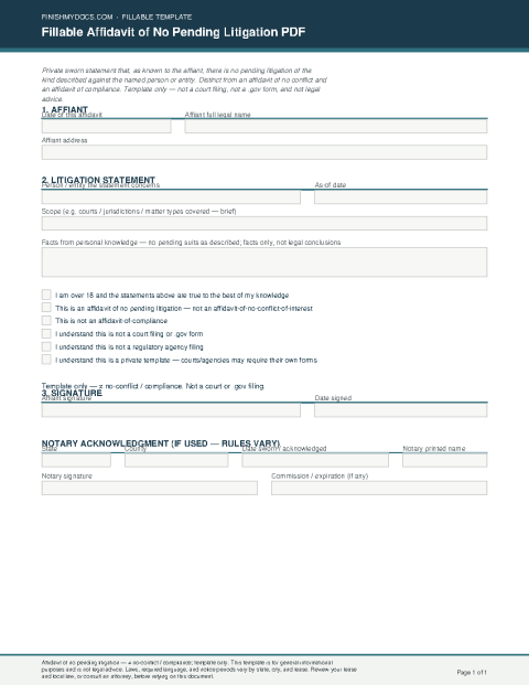 Fillable Affidavit of No Pending Litigation PDF preview