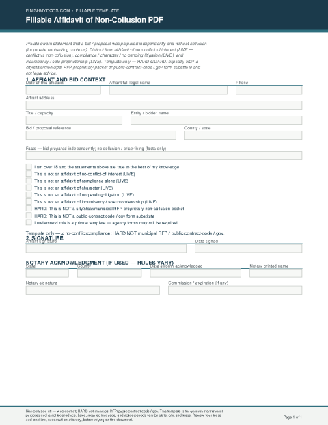 Fillable Affidavit of Non-Collusion PDF preview