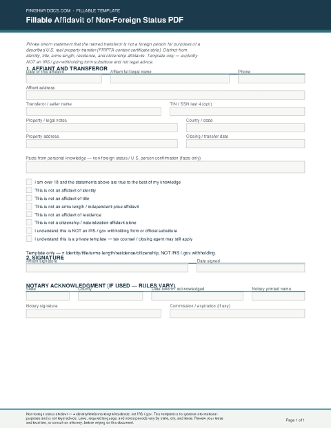 Fillable Affidavit of Non-Foreign Status PDF preview