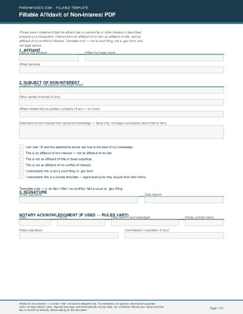 Fillable Affidavit of Non-Interest PDF preview