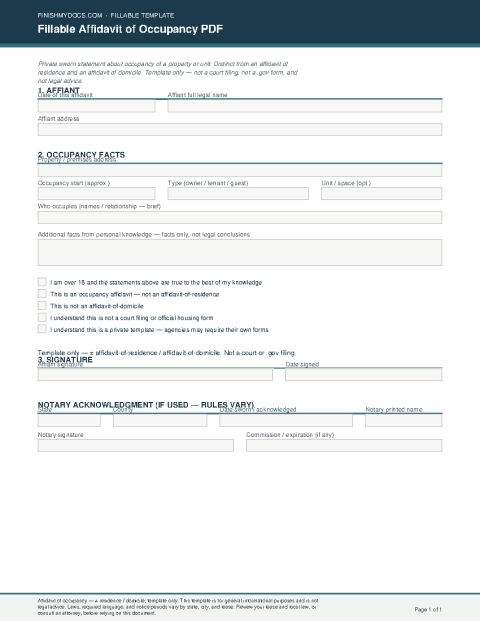 Fillable Affidavit of Occupancy PDF preview