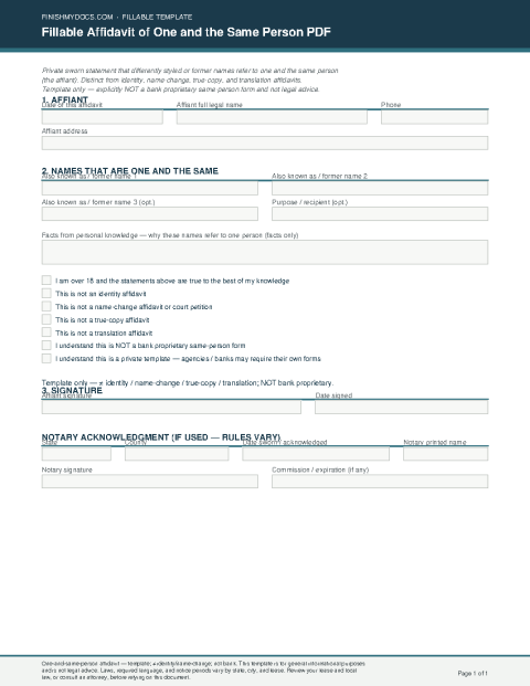 Fillable Affidavit of One and the Same Person PDF preview