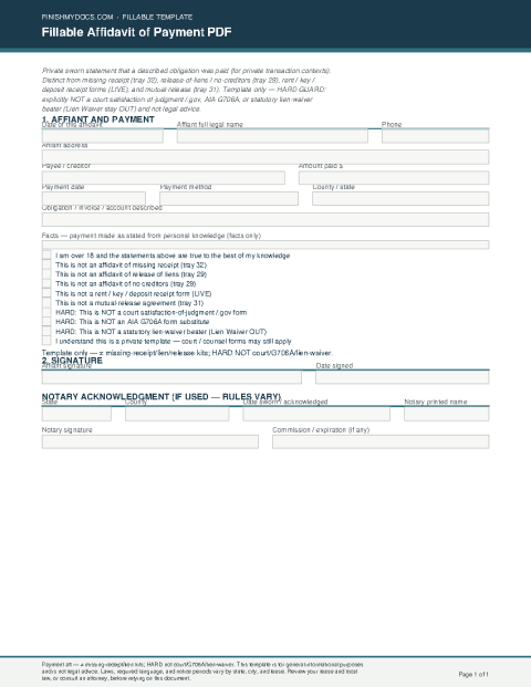 Fillable Affidavit of Payment PDF preview