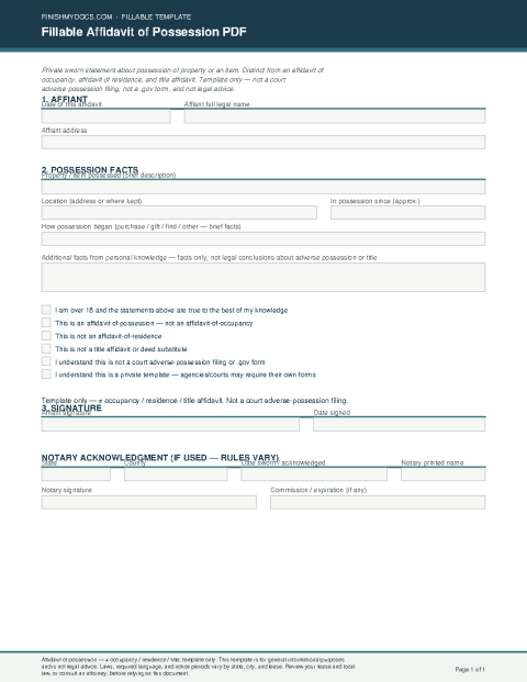 Fillable Affidavit of Possession PDF preview