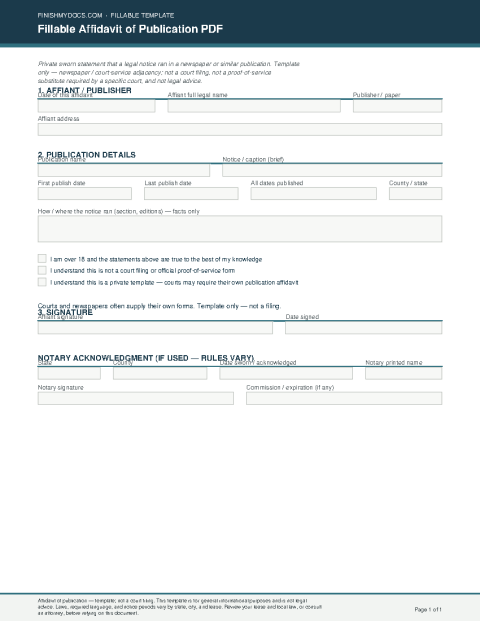 Fillable Affidavit of Publication PDF preview