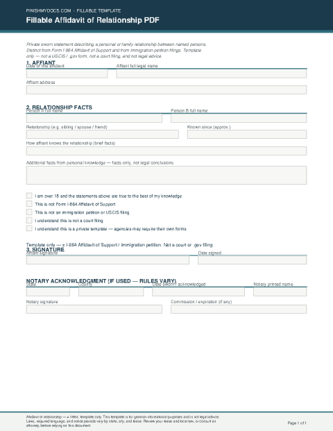 Fillable Affidavit of Relationship PDF preview